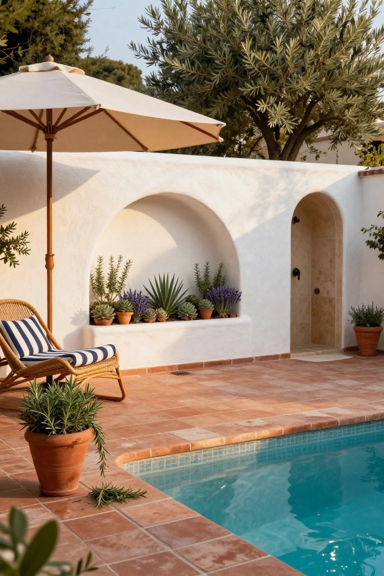 25 Serene Poolside Lounge Area Ideas For Laid Back Days White stucco wall with arched niche containing potted succulents and an outdoor shower, rattan chaise lounge under beige umbrella on terracotta tiled patio next to blue pool edged in mosaic tiles.