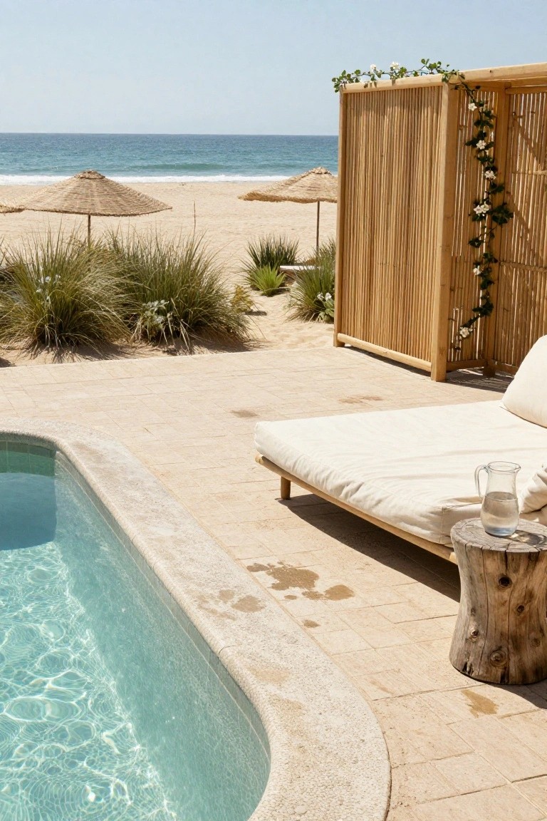 25 Serene Poolside Lounge Area Ideas For Laid Back Days Turquoise pool with stone edging next to a beige tiled patio featuring a low white daybed, wooden stool with glass water pitcher, and tall bamboo privacy screen draped in green vines and white flowers, with beach umbrellas and ocean in the background.
