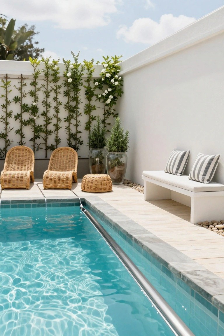 25 Serene Poolside Lounge Area Ideas For Laid Back Days Poolside lounge area with two woven rattan lounge chairs and ottomans on light decking next to turquoise-tiled pool, white walls covered in green vines with white flowers, potted plants including conifers in glass jars, woven stool, and white bench with black-and-white striped cushions.