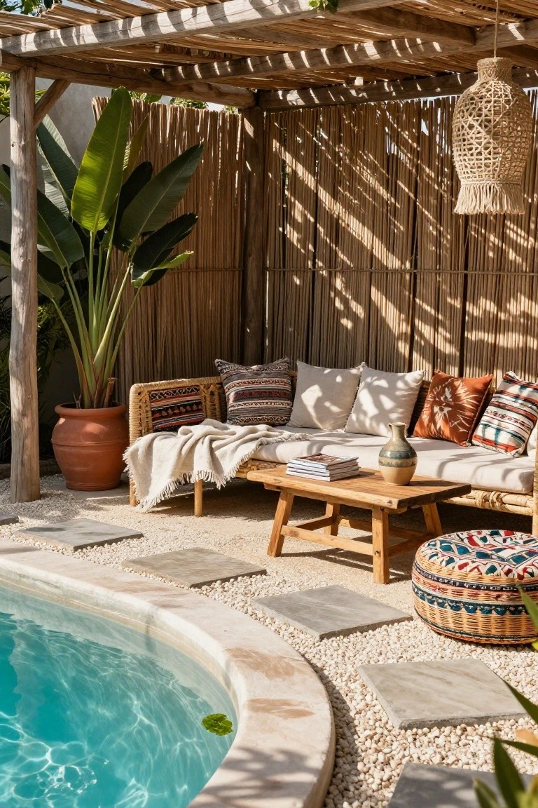 25 Serene Poolside Lounge Area Ideas For Laid Back Days Poolside lounge under a wooden pergola with rattan sofa piled with colorful cushions and throw blanket, wooden coffee table, woven pouf, large potted plant, and bamboo privacy screens next to a curved infinity-edge pool with pebble and stone paving.