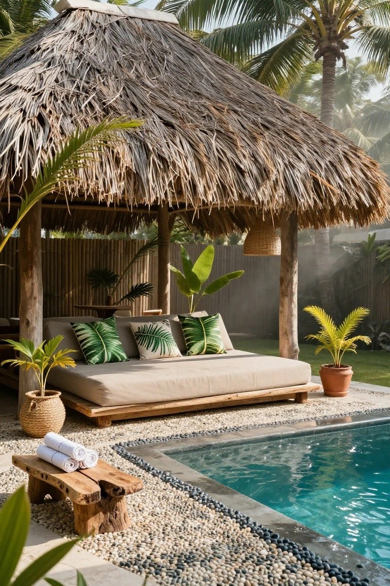 25 Serene Poolside Lounge Area Ideas For Laid Back Days Thatched roof pavilion with wooden posts over a beige daybed with green leaf pillows, tropical plants, woven basket, and stacked towels on a wooden bench next to a rectangular pool edged in pebbles and dark tiles.