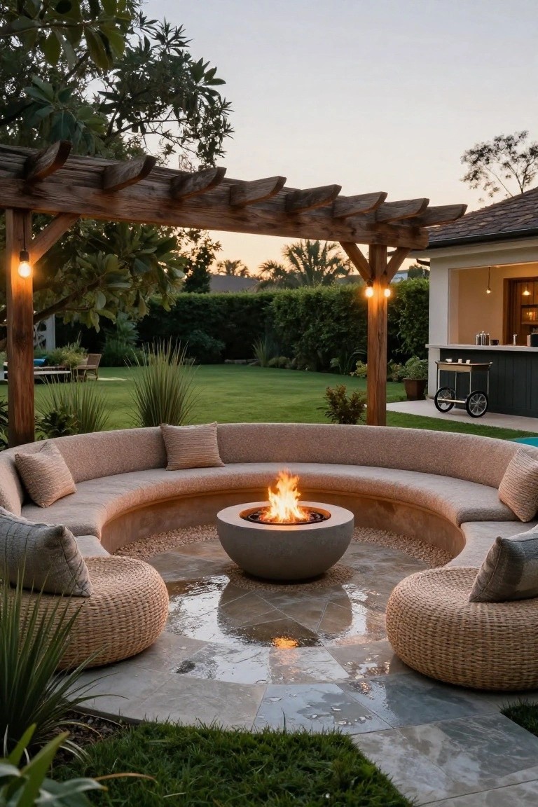 25 Serene Poolside Lounge Area Ideas For Laid Back Days Poolside outdoor lounge with circular beige cushioned bench seating surrounding a concrete bowl gas fire pit, under a wooden pergola with potted plants, grass lawn, and distant pool in a tropical garden setting.