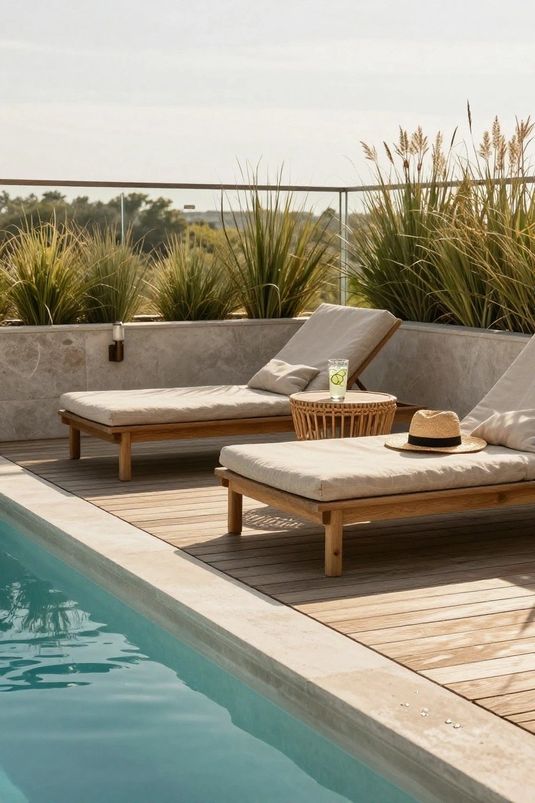 25 Serene Poolside Lounge Area Ideas For Laid Back Days Two lounge chairs by pool with drink and straw hat.