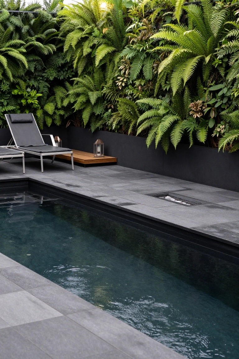 25 Serene Poolside Lounge Area Ideas For Laid Back Days Narrow lap pool with dark slate decking, black lounge chair on a wooden side table platform, brass lanterns, linear fire pit in the deck, and dense vertical wall of ferns and tropical plants.