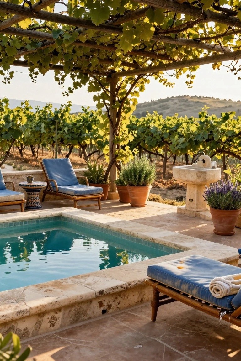25 Serene Poolside Lounge Area Ideas For Laid Back Days Small turquoise pool on a stone terrace with blue loungers, wooden chairs, potted plants, stone basin with faucet, and lavender pots under a wooden pergola covered in green grapevines, with vineyards and hills in the background.