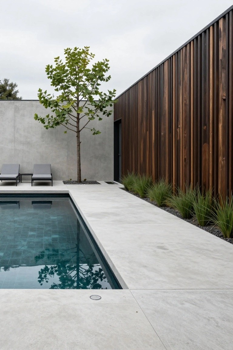 Modern infinity-edge pool with teal mosaic tiles and clear water, adjacent wide concrete deck with two gray lounge chairs, single green deciduous tree nearby, concrete wall, dark wooden slat fence, and ornamental grasses along the edge.