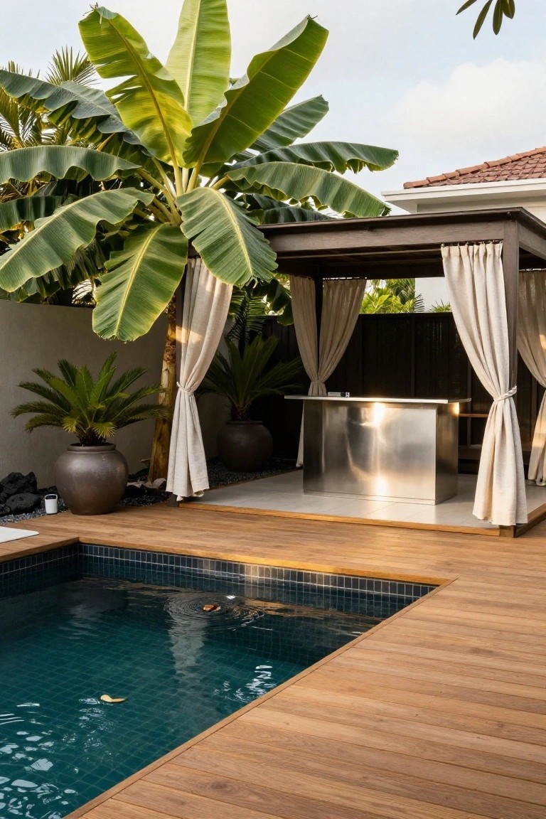 Small turquoise mosaic-tiled plunge pool with wooden decking, stainless steel bar under pergola with white curtains, surrounded by large banana trees, potted palms, and rocks.
