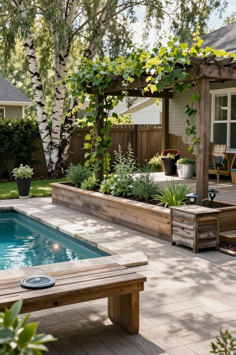 Backyard swimming pool edged with wooden raised planters containing greenery, tall birch trees nearby, vine-covered wooden pergola, wooden bench on deck pavers, and various potted plants.