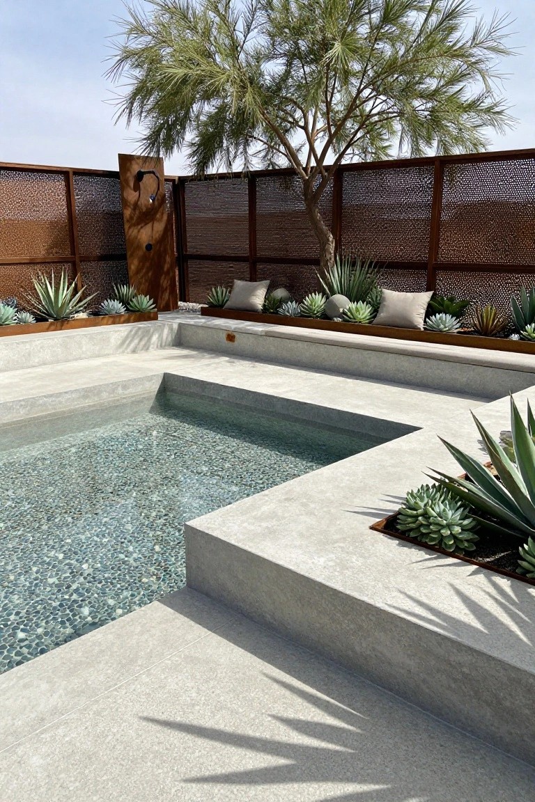 Corner view of a small rectangular pool with green pebble bottom and gray concrete surround, flanked by agave and succulent plants in rusted metal planters, built-in bench seating with beige cushions, perforated corten steel fence, outdoor shower post, and a tall feathery green acacia tree nearby under clear sky.