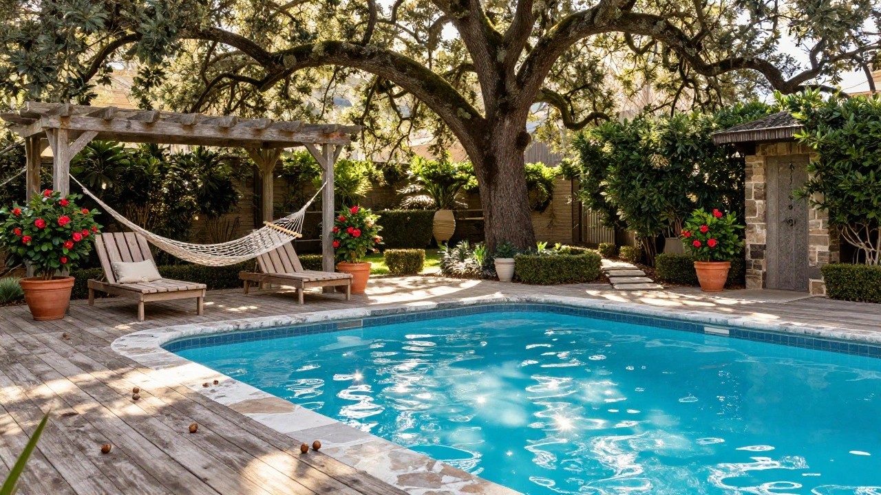 Wooden deck beside turquoise pool with two cushioned lounge chairs, white hammock under pergola hung from large oak tree, potted plants, and stone poolside path.