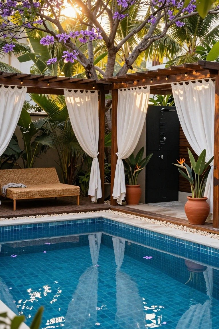Poolside deck with wooden pergola and white curtains enclosing a rattan daybed and outdoor shower, surrounded by lush tropical plants and purple jacaranda trees overhanging a blue-tiled pool.