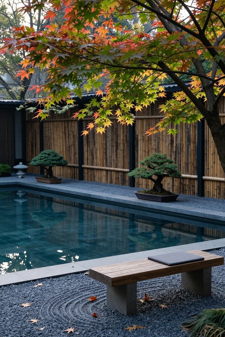 Pool area with dark blue water edged in concrete, shaded by overhead branches of a Japanese maple tree with red and orange fall leaves, flanked by bamboo fencing, bonsai trees in pots, a stone lantern, and a wooden bench on dark gravel ground with leaf patterns raked in.
