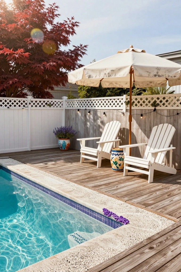 Wooden deck beside a turquoise pool with blue mosaic tiles, two white Adirondack chairs under a beige umbrella, colorful ceramic pots, lavender plants, white picket fence with string lights, and a large red Japanese maple tree nearby.