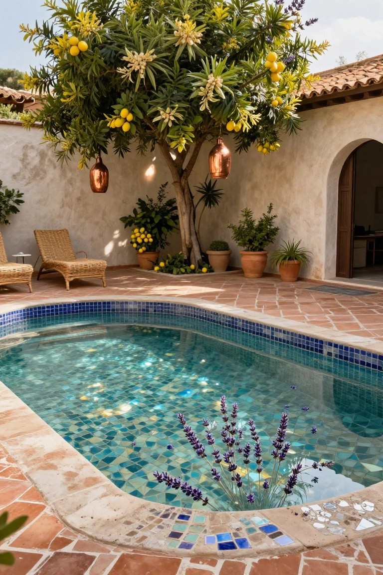 Small rectangular pool with turquoise mosaic tiles in a terracotta-paved courtyard, shaded by a lemon tree bearing yellow fruit, with wicker lounge chairs, potted plants, lavender stems in the water, copper hanging lanterns, and arched white stucco doorway nearby.