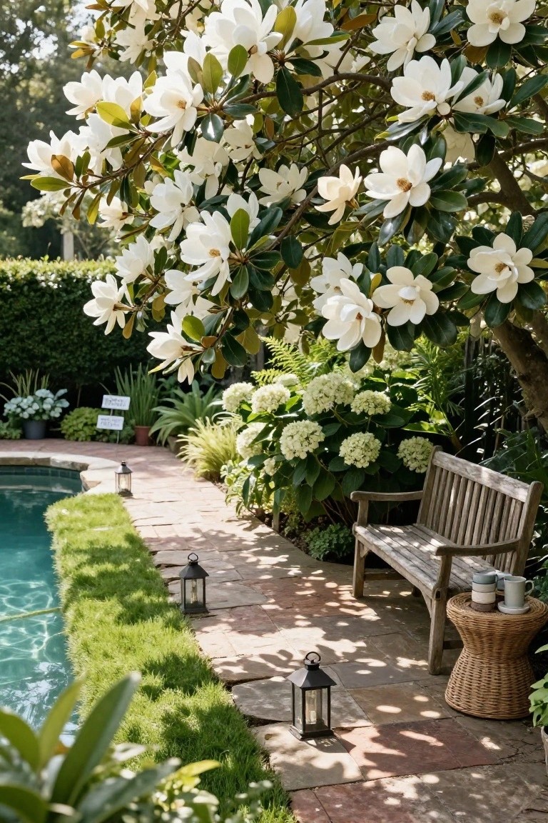 Stone path along a turquoise pool edged in grass, shaded by blooming white magnolia tree branches, with a wooden bench, rattan side table, lanterns, hydrangeas, and ferns nearby.