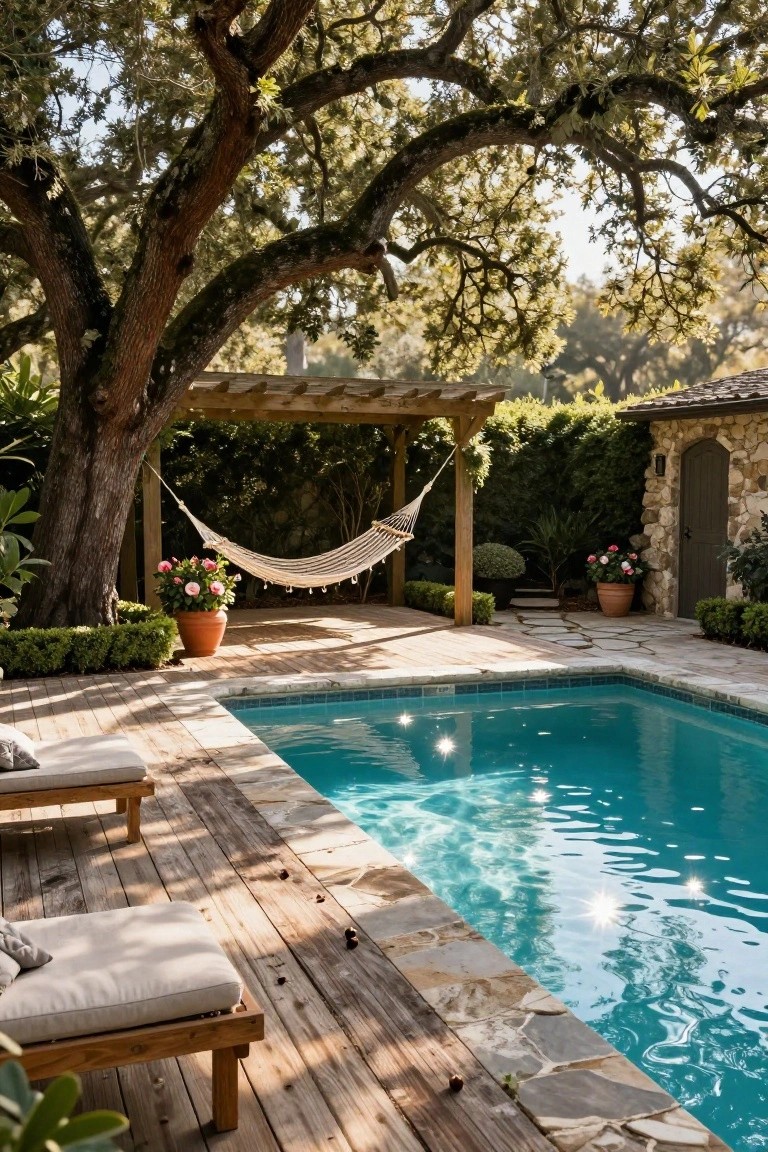 Wooden deck beside turquoise pool with two cushioned lounge chairs, white hammock under pergola hung from large oak tree, potted plants, and stone poolside path.