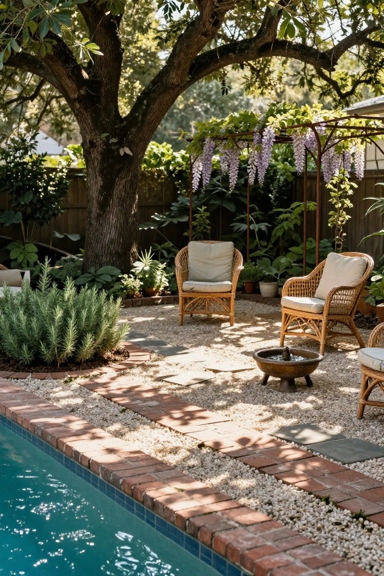 Poolside outdoor seating area under a large mature tree with wicker chairs arranged around a metal fire bowl, surrounded by potted plants, wisteria-covered metal arbor, gravel ground, brick edging, and turquoise pool water.