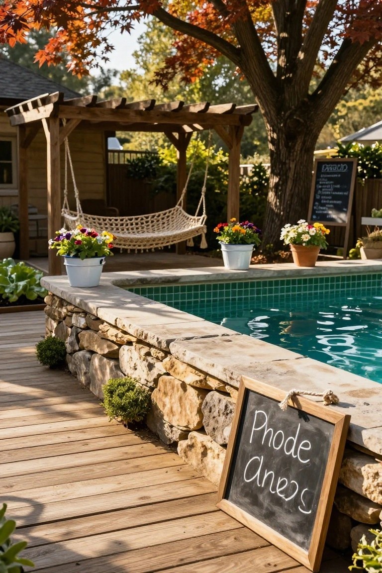 Wooden deck beside a turquoise-tiled pool with stone wall edging, shaded by a large tree with orange-red autumn leaves, a pergola with hammock nearby, potted colorful flowers, and a chalkboard sign reading 
