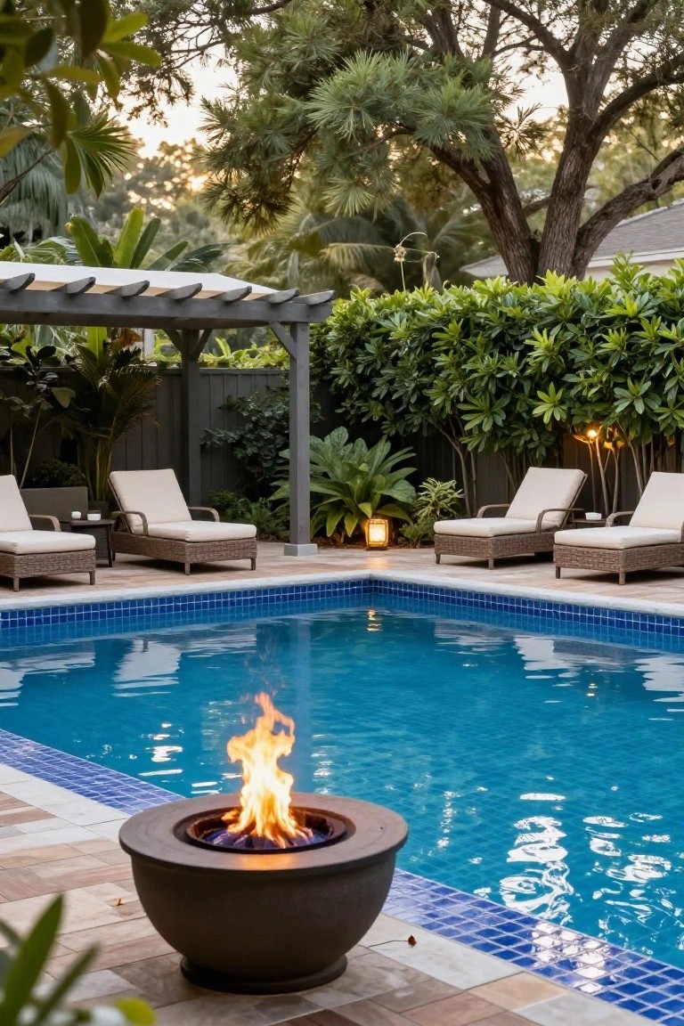 Blue-tiled pool in a lush backyard with tall trees providing overhead shade, surrounded by tropical plants, a pergola with lounge chairs, and a ceramic fire pit bowl at the pool edge.