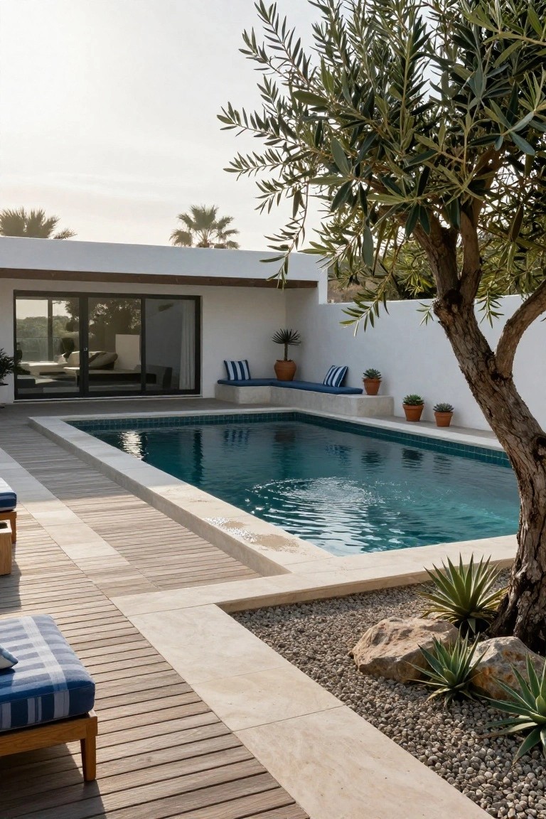 Rectangular turquoise pool in a white stucco courtyard with a large olive tree overhanging one side, wooden deck with blue loungers, built-in bench, potted plants, and agave in gravel bed.