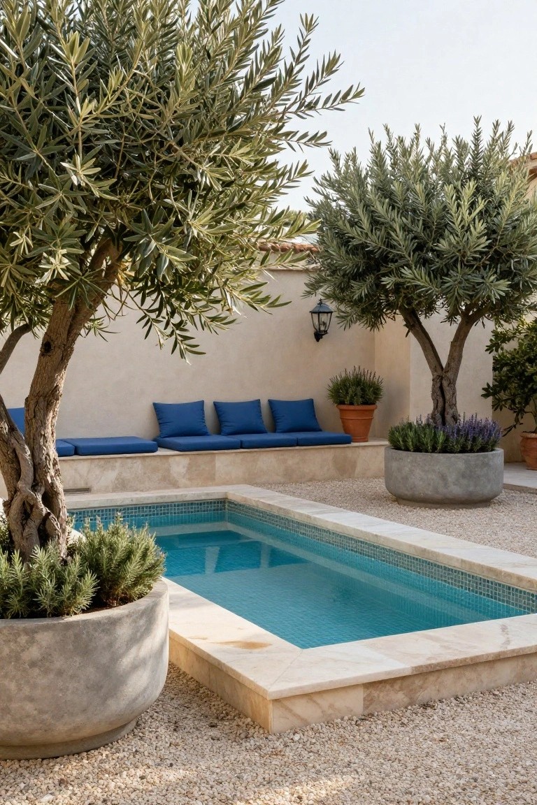 Small turquoise-tiled plunge pool in a gravel courtyard, flanked by two large olive trees, with built-in beige stone benches topped by blue cushions, potted lavender and rosemary plants, and beige walls.