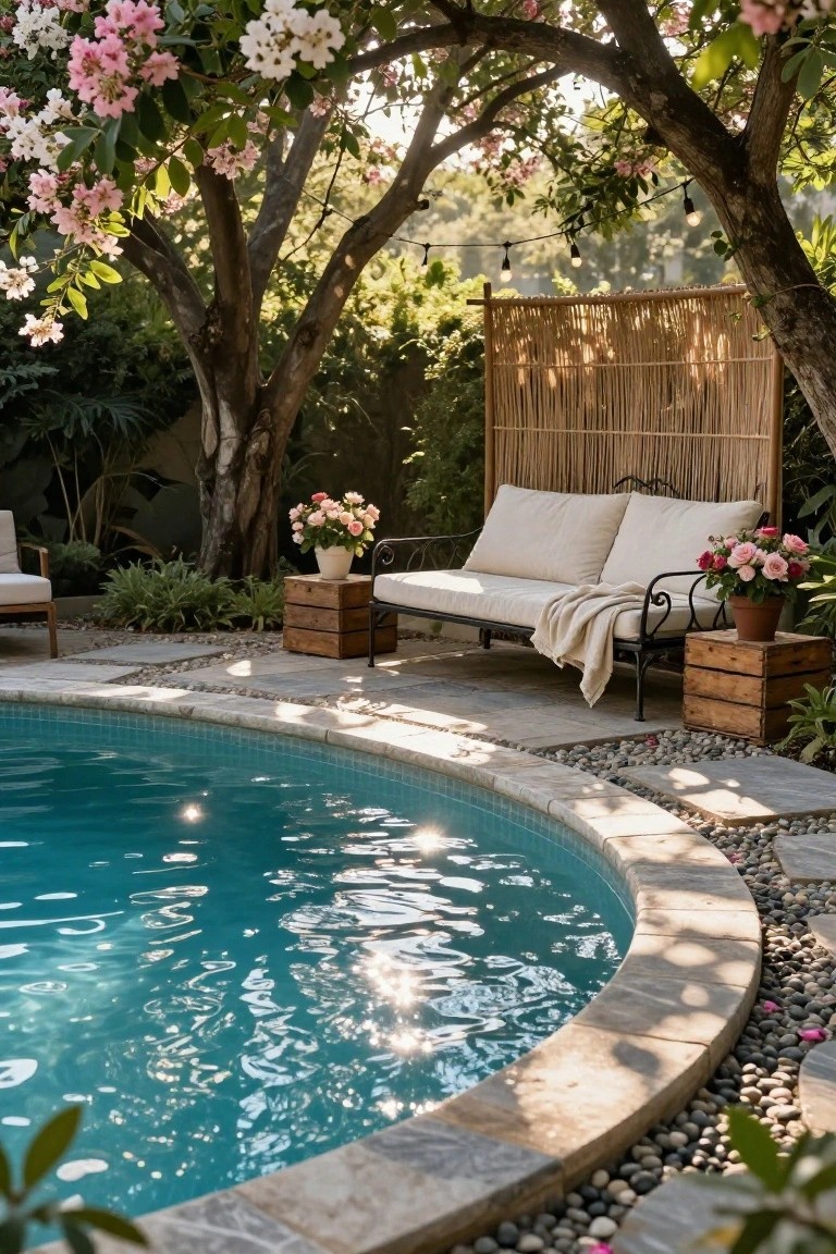 Curved turquoise pool with stone edging and pebble accents, adjacent to a beige cushioned daybed on black metal frame with wooden crates and potted roses, under pink and white flowering trees, bamboo screen backdrop, and string lights.