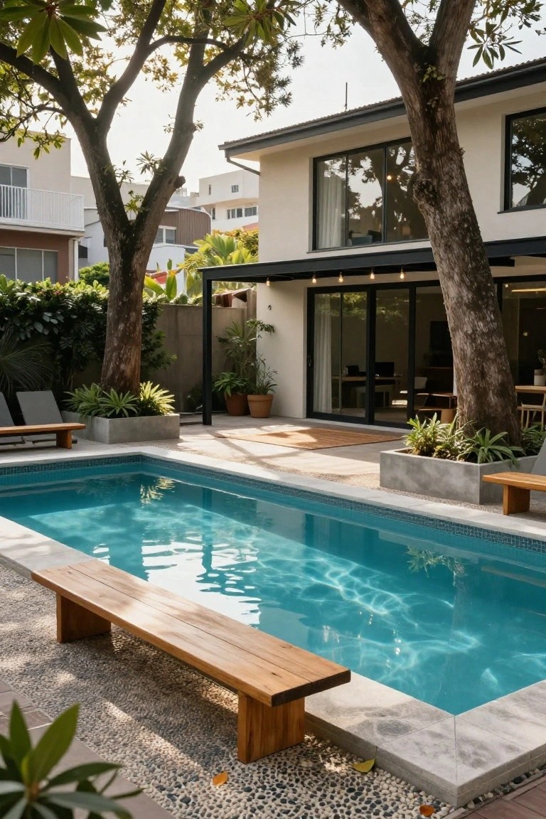 Turquoise rectangular pool next to a modern white house with black-framed sliding glass doors, flanked by tall mature trees, wooden benches, lounge chairs, potted plants, and pebble ground cover.