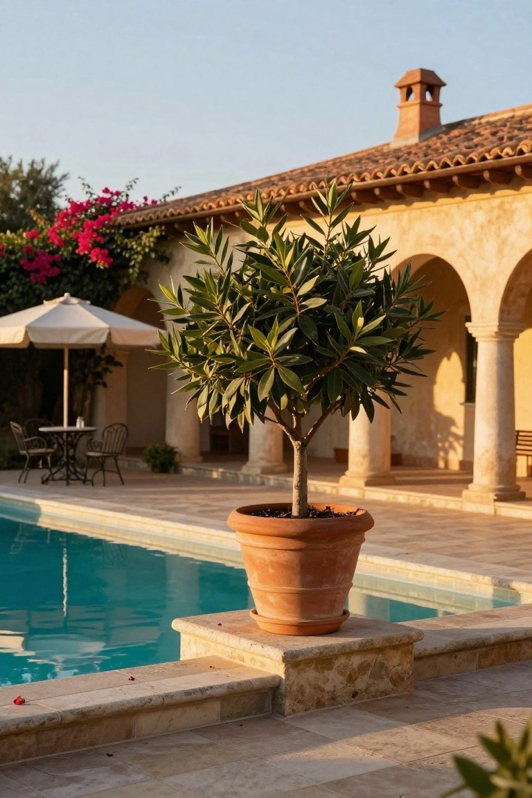 Small olive tree in terracotta pot on pool edge, with blue pool water, stone terrace, arched architecture, outdoor table with chairs under umbrella, and bougainvillea vines nearby.