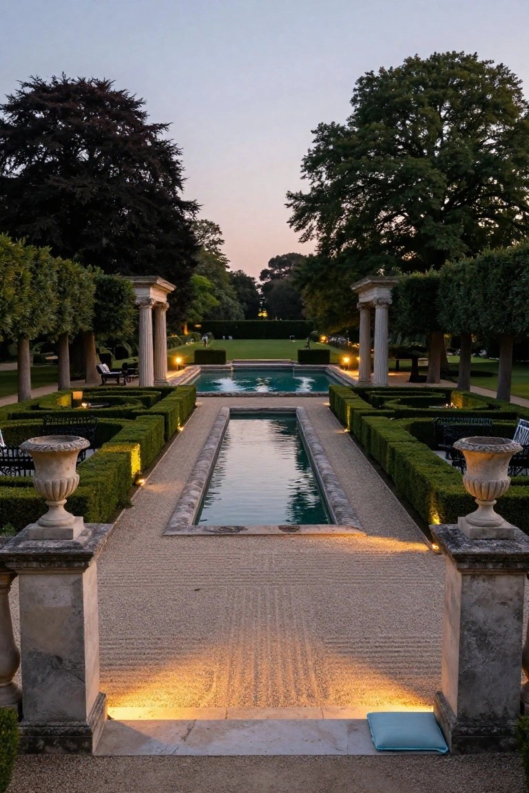 Formal pool area at dusk flanked by tall trees, neoclassical columns, boxwood hedges lining a gravel path and reflecting pool, with lounge chairs and uplighting.