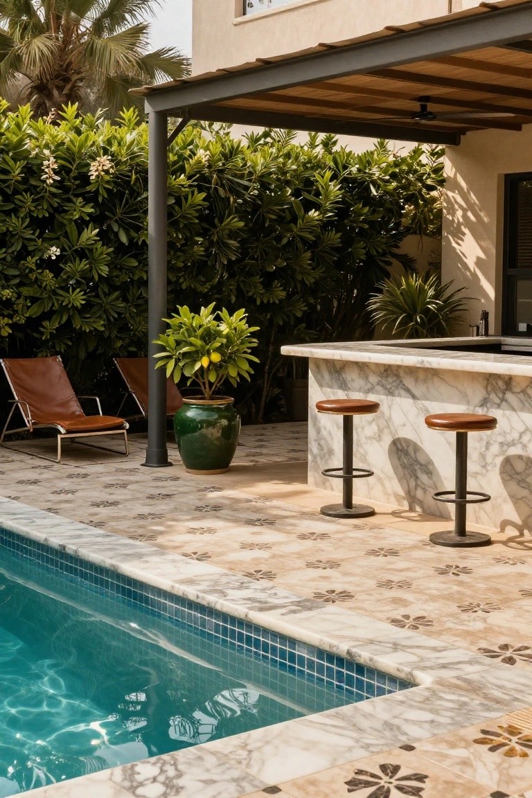Poolside bar with white marble countertop and brown leather stools under a wooden pergola, flanked by dense green hedges, potted lemon tree, leather loungers, and palm trees on a tiled patio next to a blue-tiled pool.