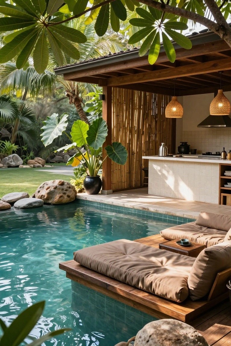 Turquoise pool with wooden daybed platform at the edge, surrounded by large rocks and tropical plants including broad-leafed palms overhanging the water, open kitchen bar under wooden pavilion with bamboo screens and hanging lanterns.
