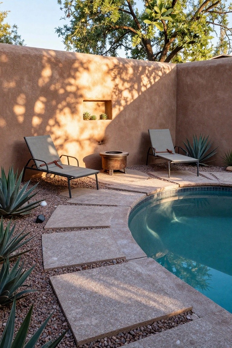 Curved turquoise pool edged in stone slabs and gravel, flanked by two gray lounge chairs, a terracotta fire pit, agave plants, and overhanging green trees against tan adobe walls.