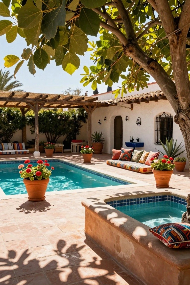 Outdoor pool area featuring a small rectangular swimming pool, adjacent hot tub, built-in cushioned bench seating with colorful pillows, potted plants in terracotta pots, wooden pergola, large tree with broad leaves overhead, and white adobe-style house wall.
