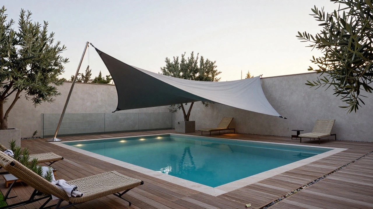 Outdoor pool area featuring a large black shade sail over two rattan loungers, turquoise pool with wood decking and LED edge lighting, beige stucco wall, olive tree, and potted plant.