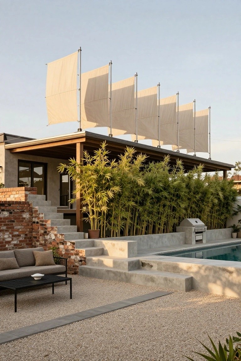 Outdoor pool area featuring multiple vertical beige shade sails on metal poles, bamboo privacy screen, brick and concrete steps leading to house, lounge seating, low table, BBQ grill, and gravel ground.