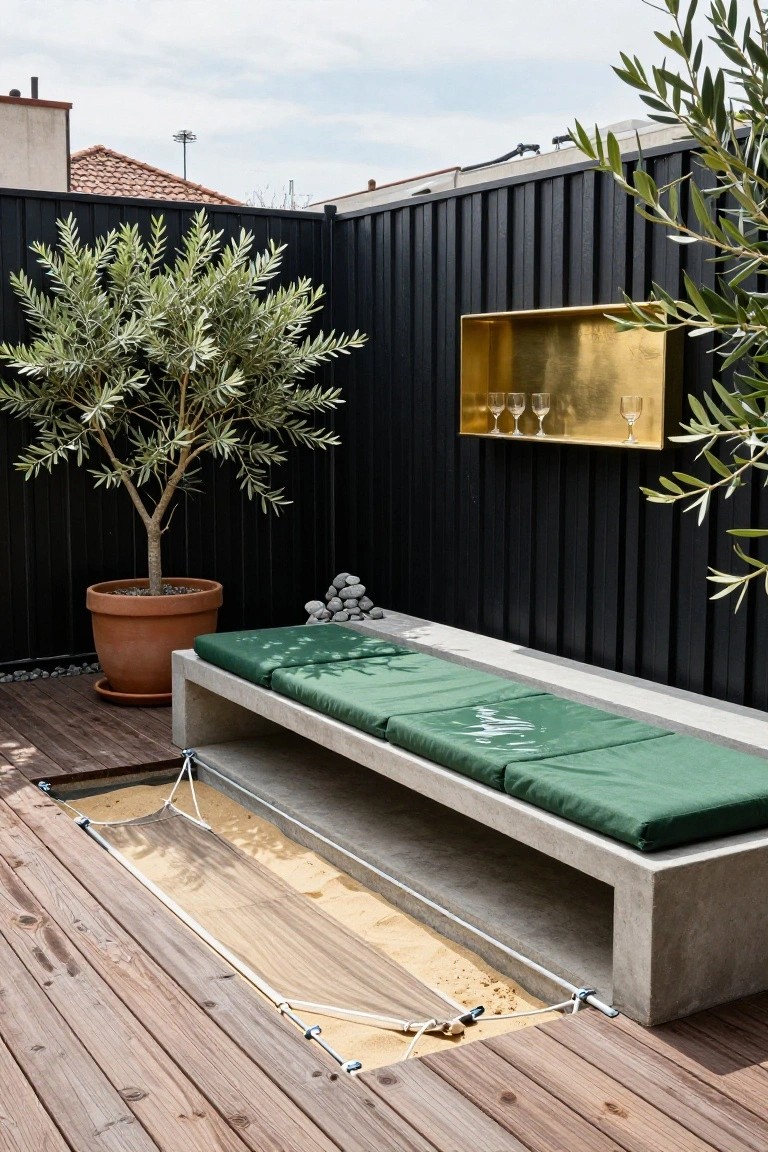 Rooftop terrace with black wooden fence, potted olive tree, gold wall shelf holding glassware, concrete bench with green cushions, and taut beige net stretched over sunken rectangular sand pit on wooden deck.