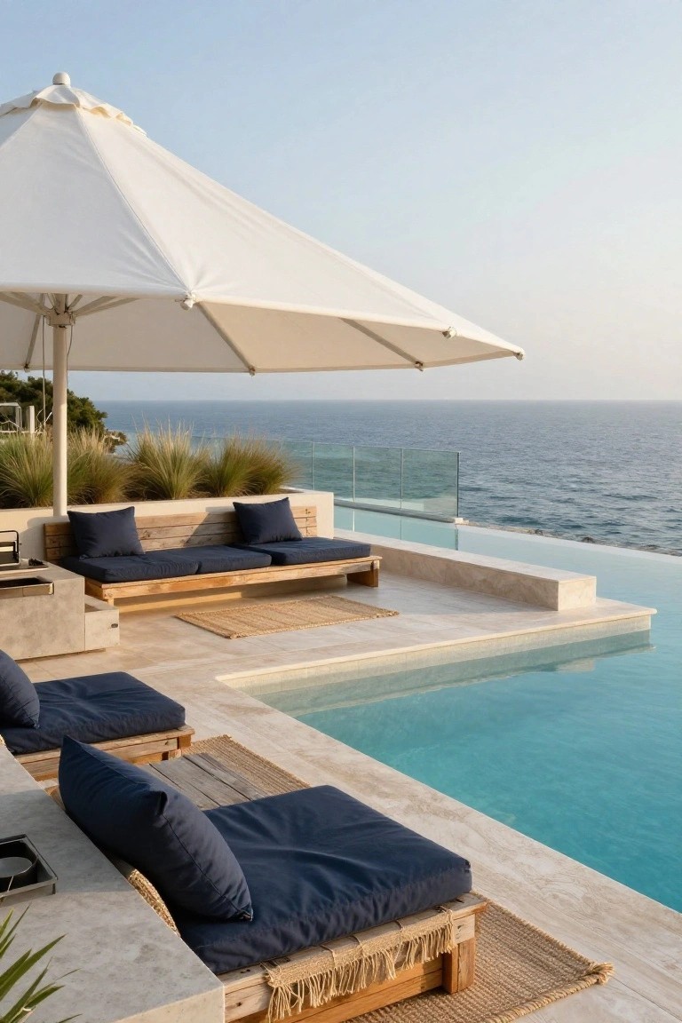 White cantilevered umbrella shading navy cushions on wooden benches and loungers beside turquoise infinity pool edge with ocean view, grass plantings, and glass railing.