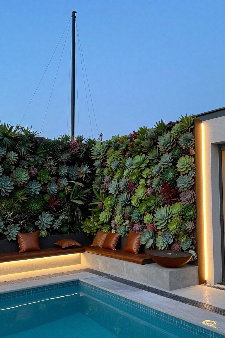 Outdoor pool area featuring a tall black central mast with guy wires, vertical succulent walls, built-in concrete bench with leather cushions, fire bowl, and tiled pool edged in gray concrete against a blue sky.