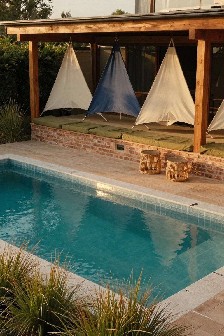 Narrow rectangular pool with turquoise water and white tile edges, adjacent wooden deck and brick wall with built-in green bench cushions under a wooden pergola supporting hanging white and navy triangular shade sails, potted rattan stools nearby, grasses along the edge.