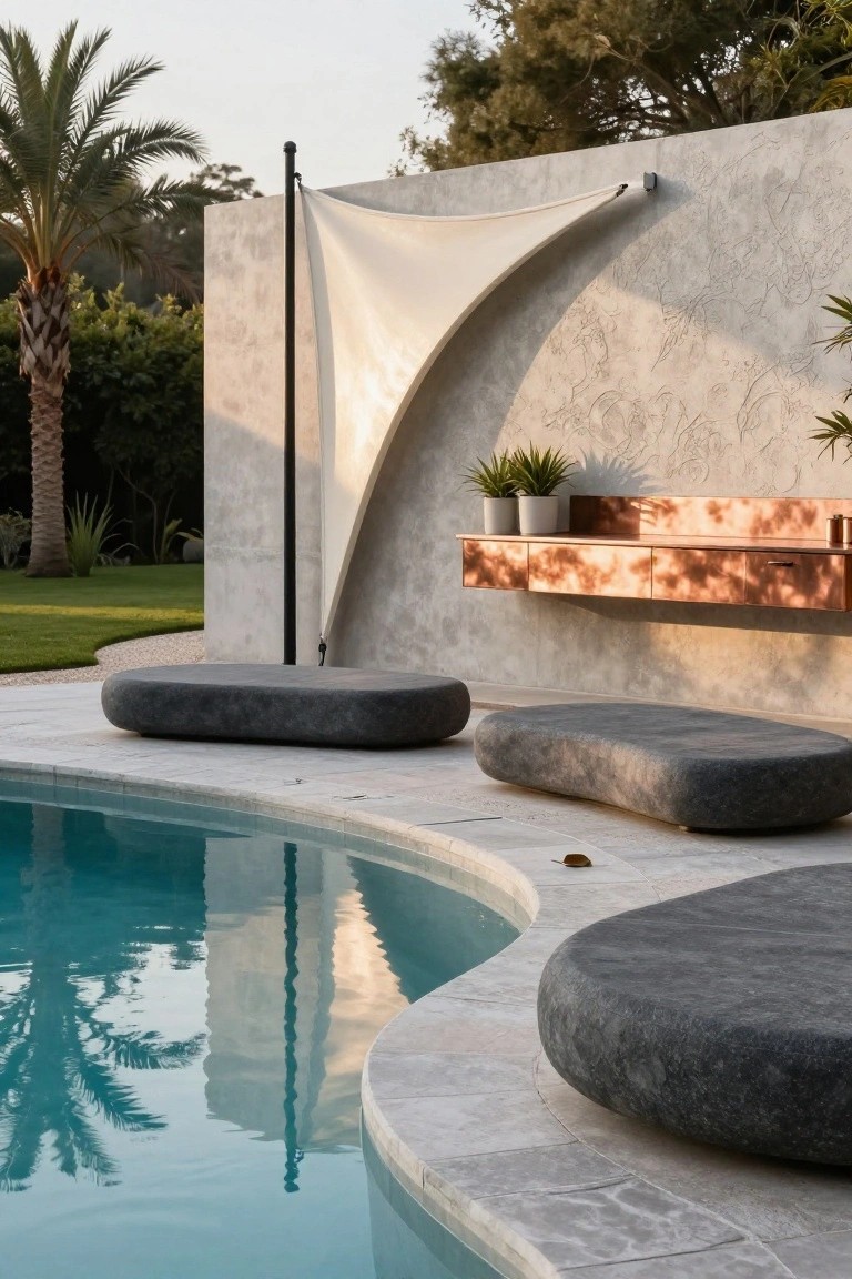 Curved white shade sail on a pole shading gray boulder-shaped seats beside a turquoise pool, with textured wall, copper shelf, potted plants, palms, and lawn in the background.