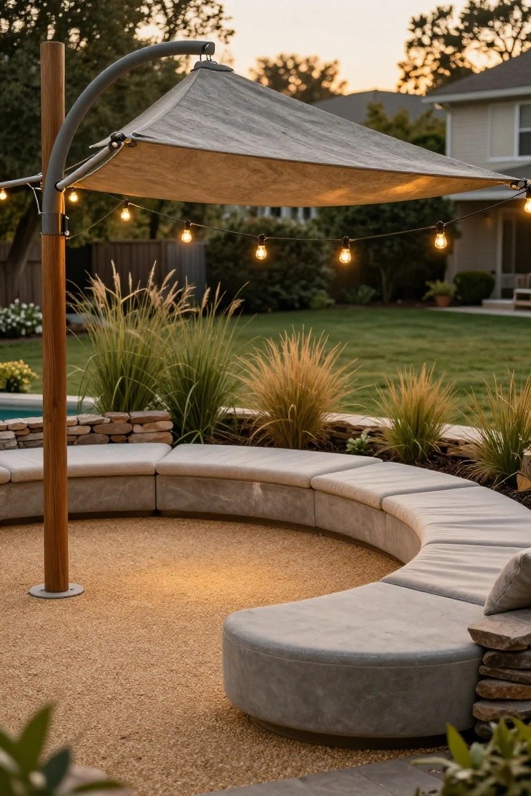Curved concrete bench with light gray cushions under a gray fabric cantilever shade sail on a wooden pole, with string lights, gravel ground, ornamental grasses, stone retaining wall, and swimming pool nearby.