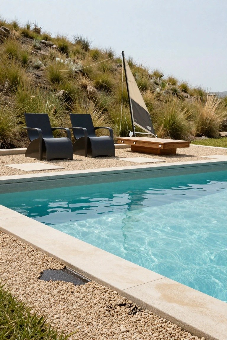 Two curved black lounge chairs and a rectangular wooden table positioned under a tall beige and gray triangular shade sail next to an infinity-edge turquoise pool, surrounded by pebbled decking and dry hillside grass.