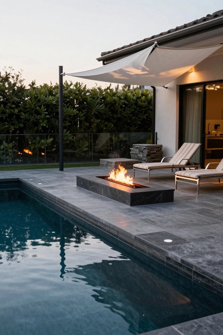 Outdoor pool area at dusk with a white triangular shade sail supported by a metal pole, black stone linear gas fire pit, two beige lounge chairs, glass pool fence, dark tile decking, and modern house visible in the background.