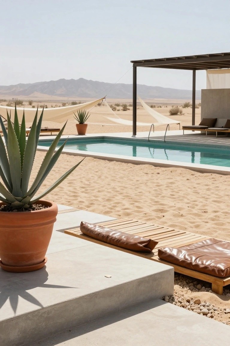 Modern desert pool area with beige shade sails stretched over the turquoise pool and wooden lounge chairs with brown cushions, potted agave plants, sandy ground, and distant mountains under a clear sky.