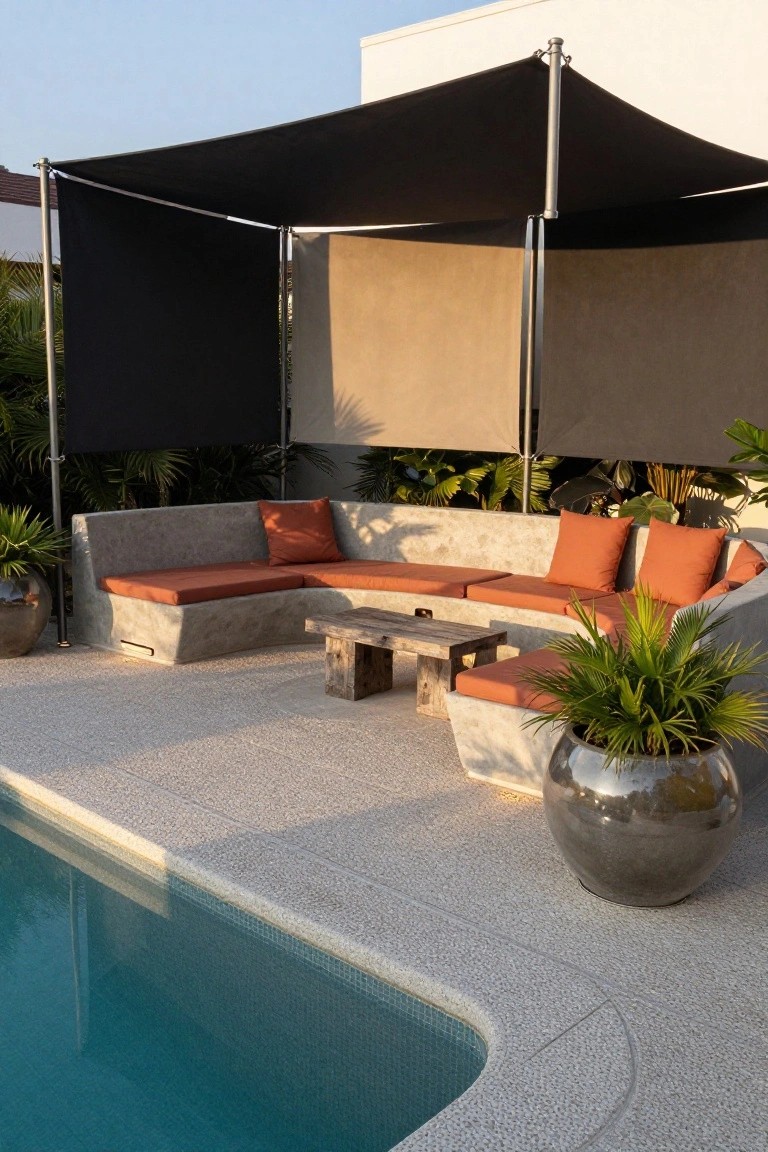 Curved concrete outdoor sofa with rust-colored cushions and pillows, low wooden coffee table, and potted plants under black fabric shade sails on metal frames next to a turquoise-tiled pool on a pebble deck.