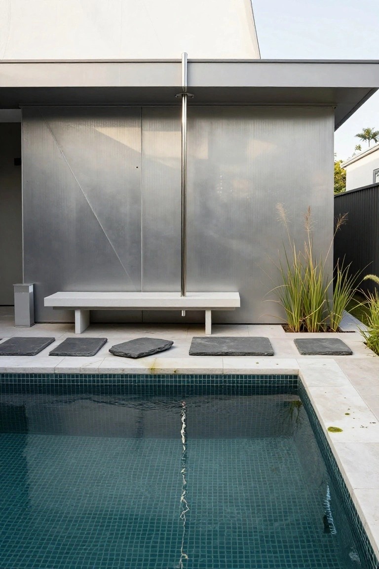 Modern poolside area featuring a tall slim metal pole next to a cantilevered concrete bench, slate stepping stones, metallic paneled wall, pampas grass plants, and turquoise mosaic-tiled pool with water.