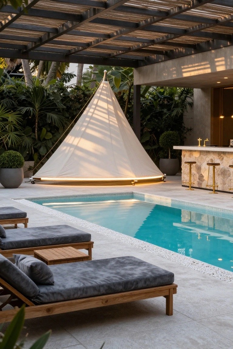 Outdoor poolside with turquoise water, two gray lounge chairs on tiled deck, stone bar with gold stools, large white conical canvas tent with lit base under pergola, surrounded by tropical plants and palms.