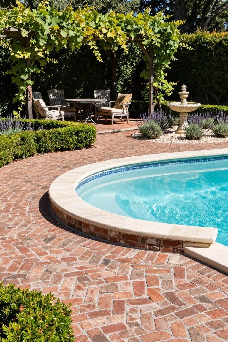 Curved turquoise pool with white stone coping surrounded by red brick paver deck in herringbone pattern, adjacent grapevine-covered arbor with wicker seating, stone fountain, lavender plants, and boxwood hedges.