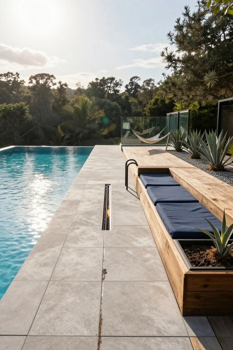 Gray paver deck beside an infinity-edge turquoise pool, featuring wooden built-in benches with blue cushions, a linear fire pit slit, agave plants in wooden boxes, and a hammock on a wooden platform, surrounded by trees and greenery.
