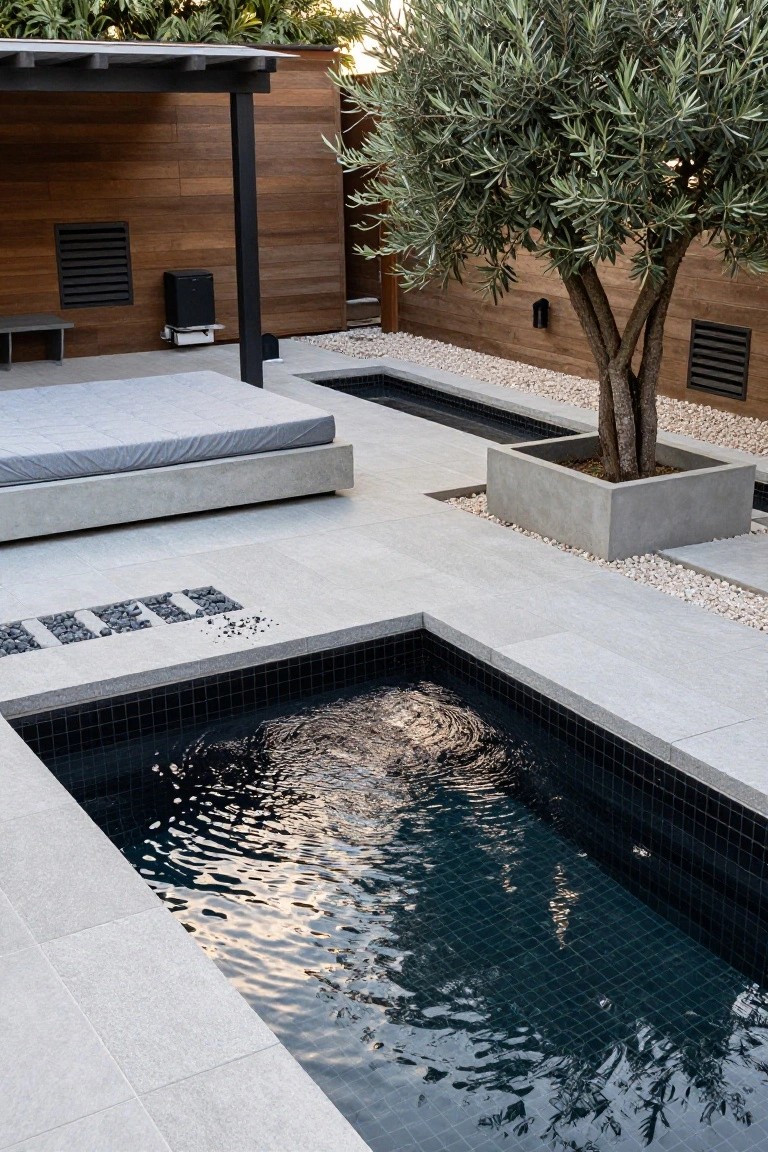 Modern backyard plunge pool with black mosaic tiles and light gray paver decking surrounding it, including a concrete daybed, olive tree in square planter, pebble accents, and wooden pergola structure.